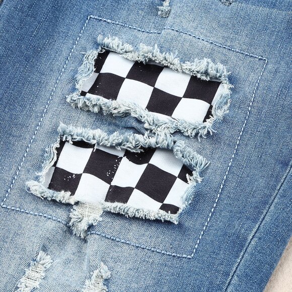 Baeful Checkered Patchwork Mid Waist Distressed Jeans - Picture 6 of 11